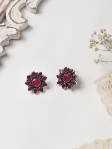 TEEJH Silver-Toned & Pink Floral Studs Earrings