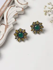 TEEJH Silver-Toned & Green Floral Studs Earrings