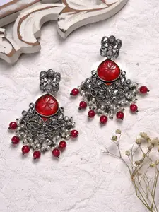 TEEJH Silver-Plated & Red Oxidised Contemporary Drop Earrings