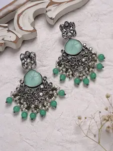 TEEJH Green & Silver-Toned & Plated Contemporary Oxidsed Drop Earrings