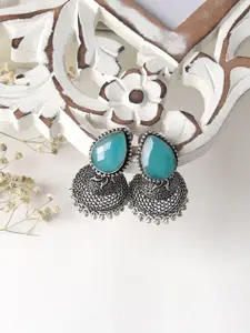 TEEJH Silver-Toned & Turquoise Blue Contemporary Jhumkas Oxidised Earrings