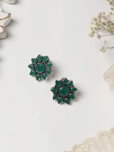 TEEJH Silver-Toned & Green Floral Oxidised Studs Earrings