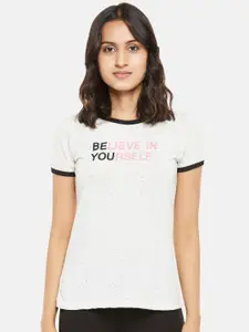 Honey by Pantaloons Women Off White Typography Printed T-shirt