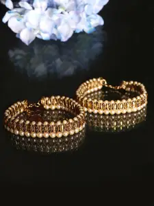 JEWELS GEHNA Women Women Set of 2 Gold Plated Stone & Pearl Studded Anklet