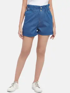 People Women Blue High-Rise Pure Cotton Denim Shorts