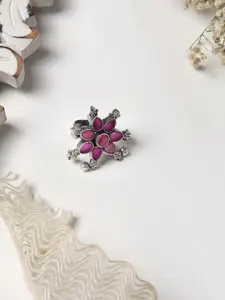 TEEJH Oxidised Silver-Plated Pink Stone-Studded Finger Ring