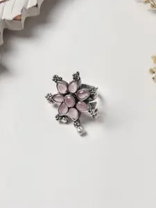 TEEJH Oxidized Silver-Plated Pink Stone-Studded Adjustable Finger Ring