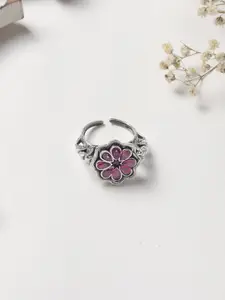 TEEJH Oxidised Silver-Plated Pink Stone Studded Finger Ring