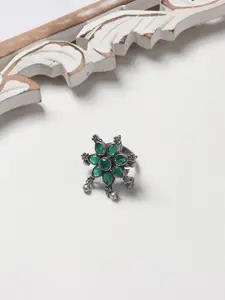 TEEJH Oxidized Silver-Toned Green Stone-Studded Adjustable Finger Ring