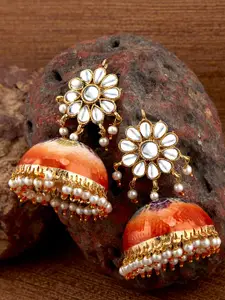 Sukkhi Orange Gold Plated Pearl & Kundan Jhumkas Earrings