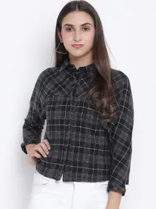 Oxolloxo Women Black & Grey Tartan Checked Casual Shirt