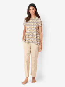 Fabindia Women Off White & Yellow Printed Cotton Top with Pyjamas