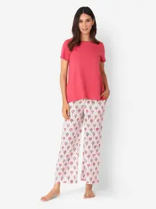Fabindia Women Red & Grey Printed Pure Cotton Top with Pyjamas