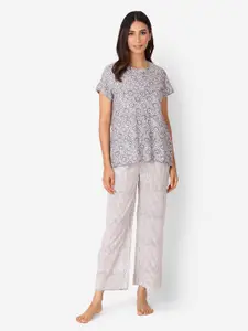 Fabindia Women Blue & Brown Printed T-shirt with Pyjamas