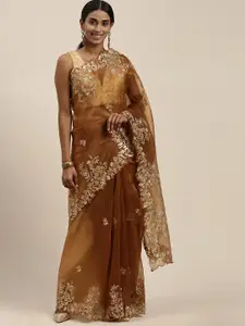 Mitera Gold-Toned Floral Embroidered Sequinned Organza Saree
