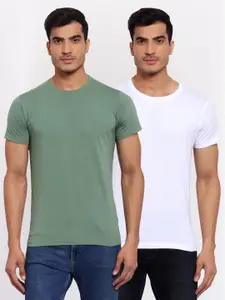 FERANOID Men Pack Of 2 Green & White Solid T-shirts