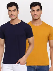 FERANOID Men Navy Blue & Mustard Yellow Set Of 2 Cotton T-shirts