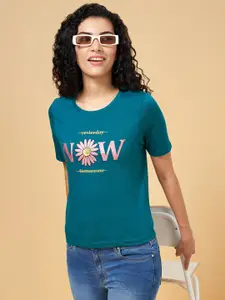 People Women Teal & Pink Typography Printed Organic Cotton T-shirt