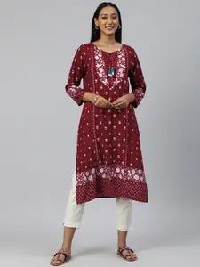 Global Desi Women Maroon Ethnic Motifs Printed Tie-Up Neck Straight Kurta