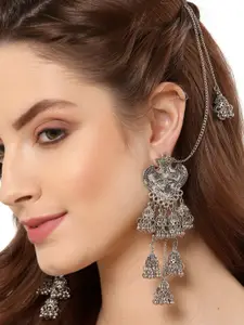 Shining Diva Silver-Toned Oxidised Contemporary Jhumkas with Chain Earrings