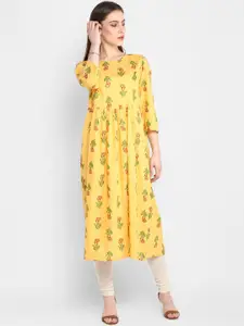 antaran Women Yellow Floral Printed Cold-Shoulder Sleeves Cotton Kurta