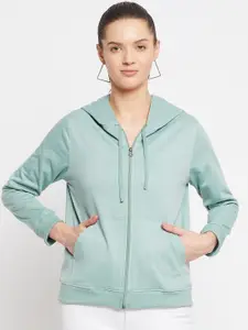 FRENCH FLEXIOUS Women Sea Green Hooded Sweatshirt