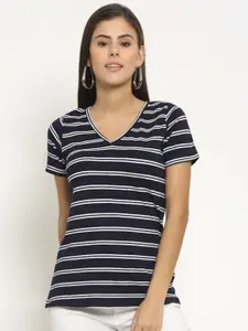 Rute Women Navy Blue Striped V-Neck Cotton T-shirt