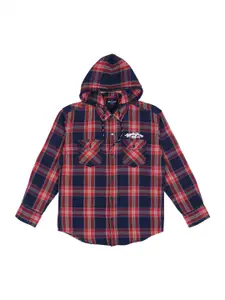 Gini and Jony Boys Navy & Red Pure Cotton Tartan Checked Casual Shirt with Detachable Hood
