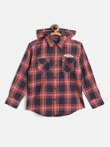 Gini and Jony Boys Navy & Red Pure Cotton Tartan Checked Casual Shirt with Detachable Hood