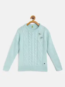 Gini and Jony Girls Blue Self-Design Cable Knit Pullover Sweater with Embellished Detail