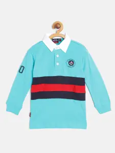 Gini and Jony Boys Turquoise Blue & Red Pure Cotton Striped Polo Collar Applique T-shirt