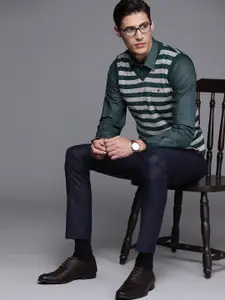 Louis Philippe Men Grey Melange & Green Striped Sweater Vest