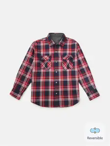 Gini and Jony Infant Boys Navy Blue & Red Tartan Checked Reversible Cotton Casual Shirt