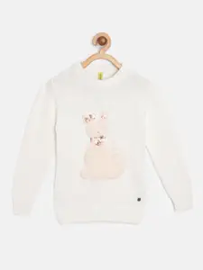 Gini and Jony Girls White & Peach-Coloured Pure Cotton Cat Applique Pullover