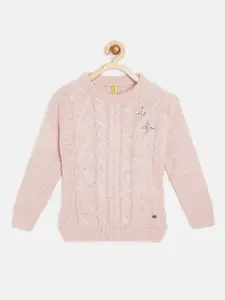 Gini and Jony Girls Peach-Coloured Cable Knit Pullover with Embellished Detail