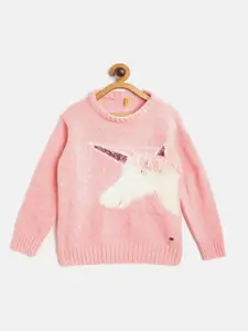 Gini and Jony Girls Peach-Coloured & White Unicorn Self-Design Pullover