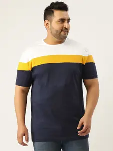 Rodzen Plus Size Men Navy Blue & White Colourblocked T-shirt