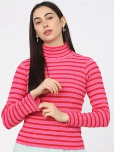 Tokyo Talkies Women Pink & Red Striped Turtle Neck Acrylic Pullover Sweater