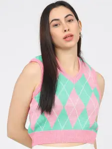 Tokyo Talkies Women Pink & Green Printed Acrylic Sweater Vest