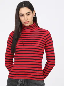 Tokyo Talkies Women Red & Navy Blue Turtle Neck Acrylic Pullover Sweater