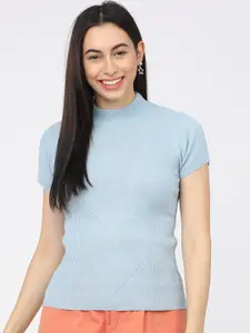 Tokyo Talkies Women Blue Ribbed Acrylic Pullover