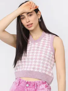 Tokyo Talkies Women Lavender & White Printed Acrylic Crop Sweater Vest
