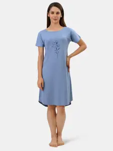 Amante Blue Floral Printed T-shirt Nightdress