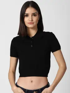 FOREVER 21 Women Black Ribbed Crop Pullover Sweater