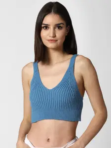 FOREVER 21 Women Blue Ribbed Cotton Cropped Cami Sweater
