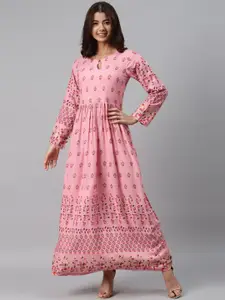 GERUA Pink Ethnic Motifs Keyhole Neck Maxi Dress
