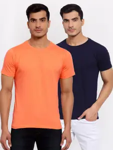 FERANOID Men Pack of 2 Peach-Coloured & Navy Blue T-shirt