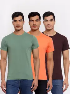 FERANOID Men Pack Of 3 Green & Peach-Coloured 3 T-shirt