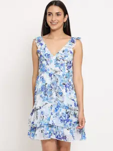 MARC LOUIS Blue Floral Printed Fit & Flared Dress