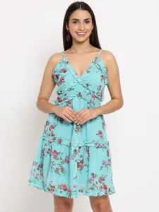 MARC LOUIS Turquoise Blue & Pink Floral Georgette Dress